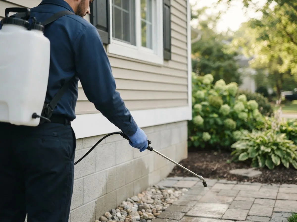 Pest control technician inspecting a home in Sherwood, MI
